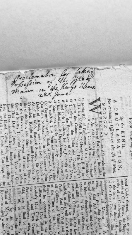 Royal Proclamation for continuing officers in the Isle of Man following purchase