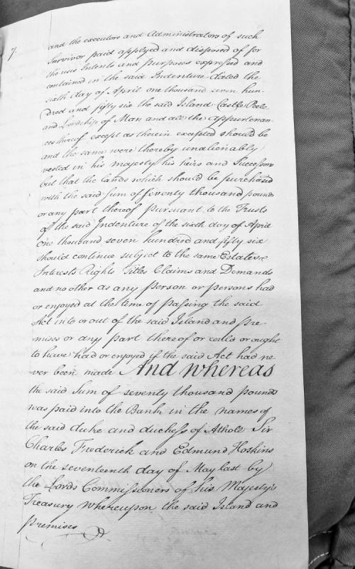 Legal document concerning vesting of Isle of Man and payment of £70,000 to trustees