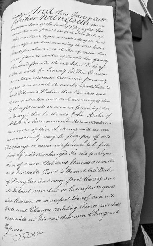 Indenture between John Duke of Athole and Sir Charles Frederick regarding East India Bonds and estate obligations