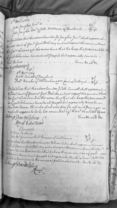 Three recognisance bonds for appearance at Court of General Gaol Delivery, 1764-1765