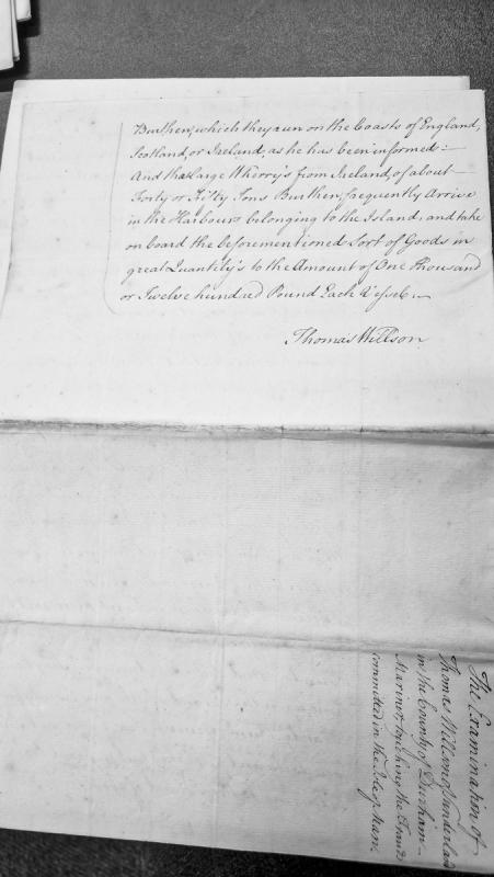 Examination of Thomas Willson, mariner, regarding smuggling in Isle of Man