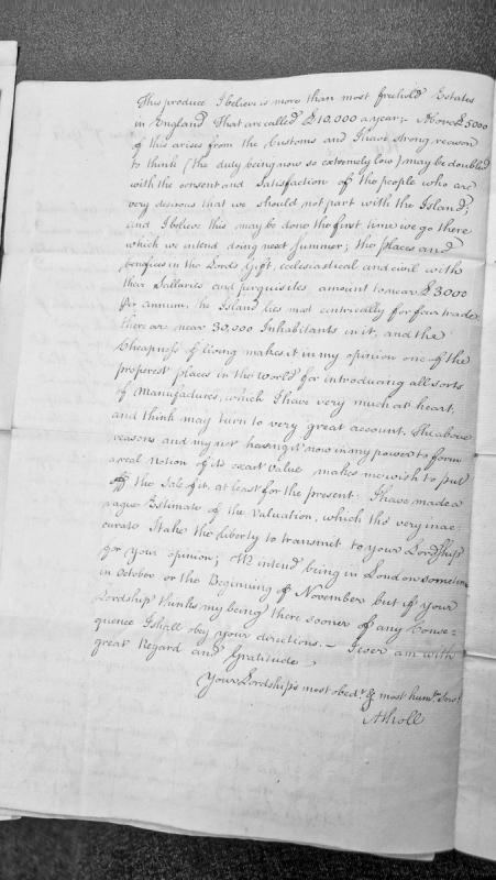 Letter regarding valuation and financial prospects of the Isle of Man estate