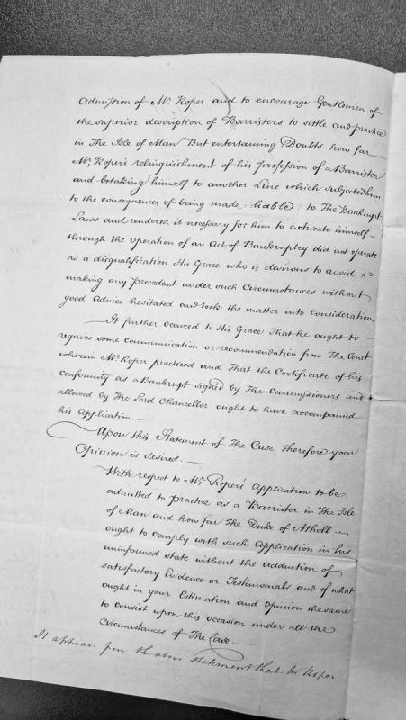 Opinion sought on admission of Mr Roper as Barrister in Isle of Man