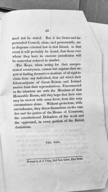House of Keys petition to House of Commons regarding judicial authority on Isle of Man