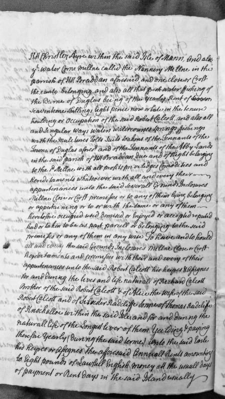 Lease of mill, fishing rights and lands to Robert Calcott for lives of three named persons