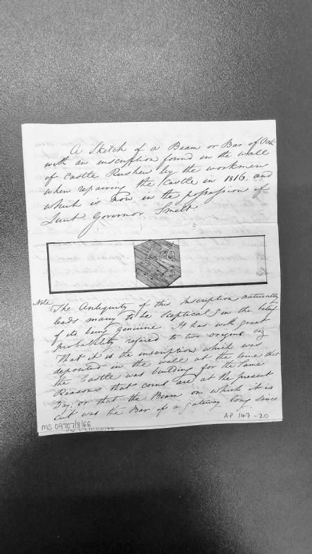 Sketch and description of inscribed oak beam found in Castle Rushen wall during 1816 repairs