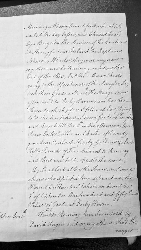 Report of smuggling activities and customs enforcement near Douglas and Ramsey