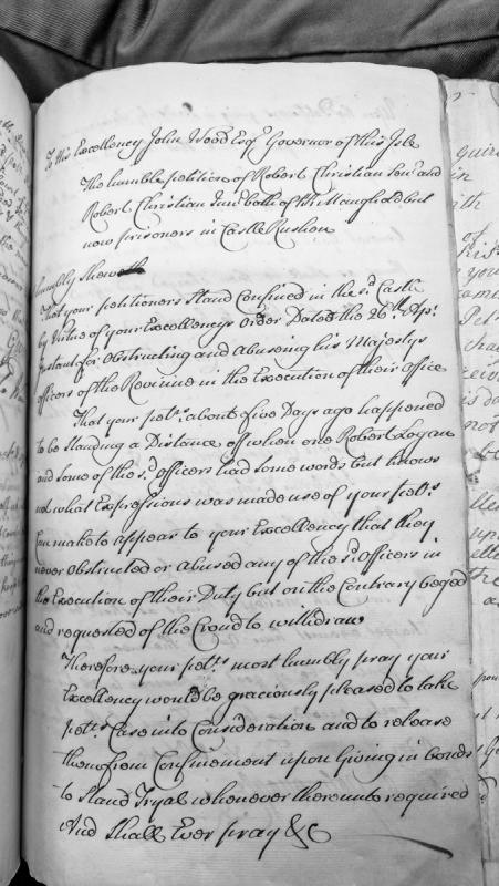 Petition of Robert Christian Sen. and Jun. for release from Castle Rushen imprisonment