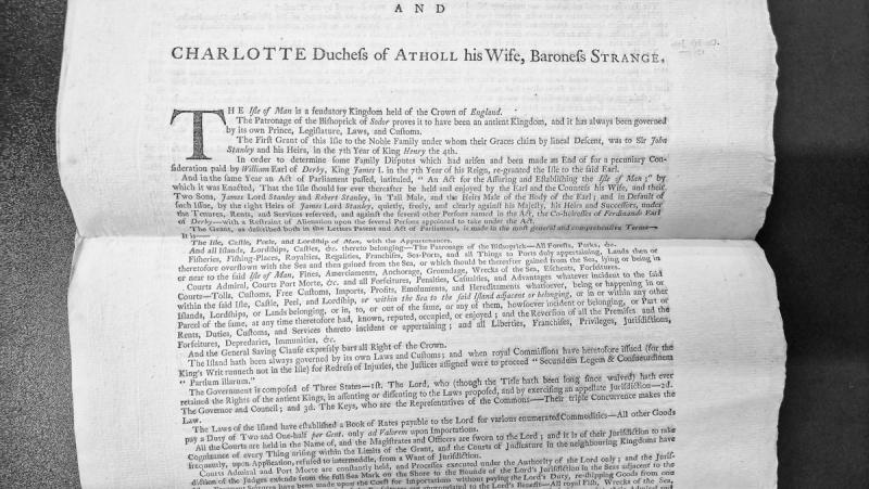 Legal memorandum on the rights and governance of the Isle of Man under the Stanley family.