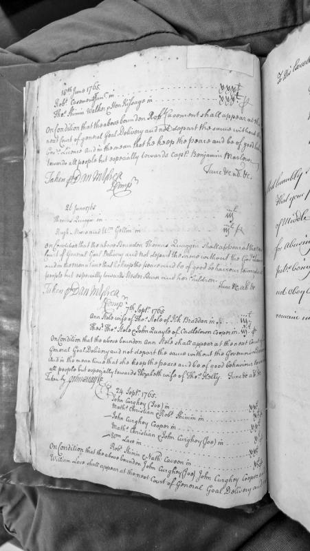 Recognisances for appearance at Court of General Gaol Delivery, June-September 1765