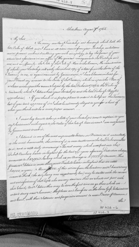 Letter on the proposed sale of the Isle of Man to the Crown, with valuation details.