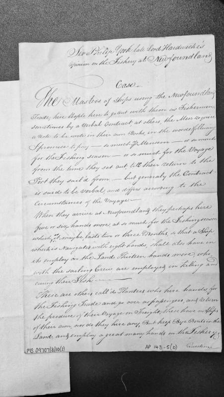 Sir Philip York's opinion on fishery contracts and labour practices at Newfoundland