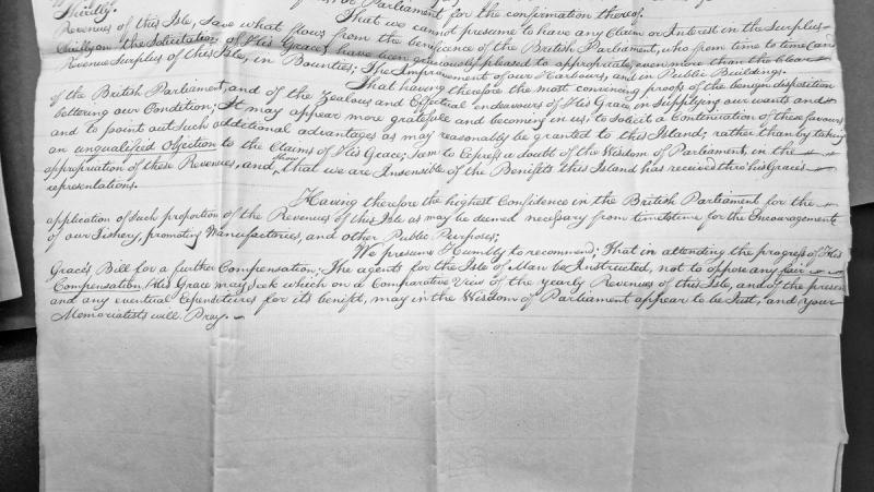 Petition supporting compensation claims and British Parliamentary beneficence to Isle of Man