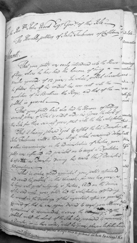 Petition of John Taubman for appointment as Deemster of Isle of Man