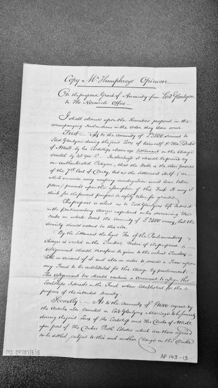 Mr Humphreys' Opinion on Proposed Grant of Annuity from Lord Glenlyon to Norwich Office