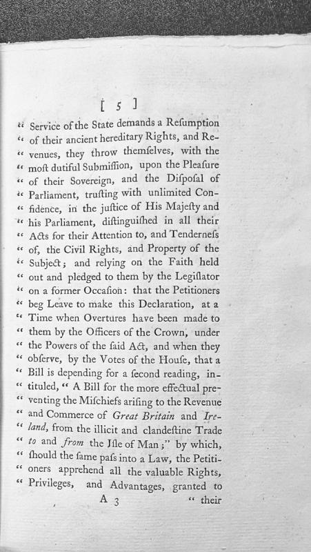 Petition regarding hereditary rights and revenues threatened by proposed bill on Isle of Man trade