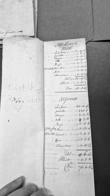 Revenue abstract for parishes of Patrick and German, Isle of Man, 1756