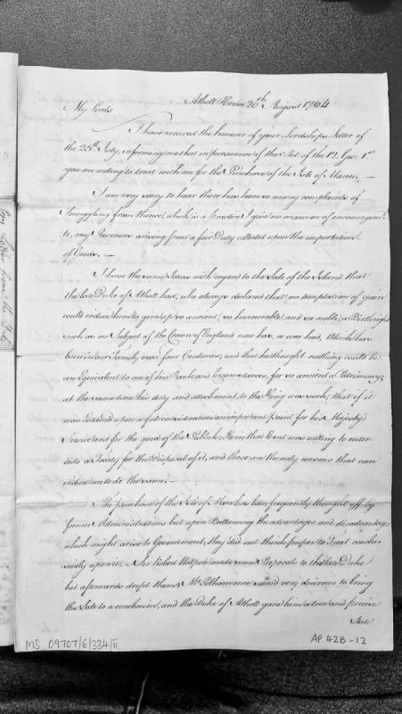 Letter regarding potential sale of Isle of Man under Act 12 Geo I