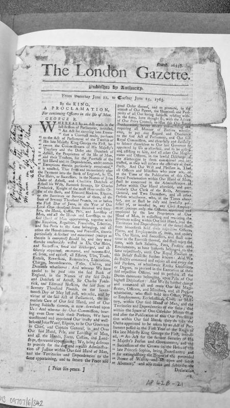 Royal Proclamation for continuing officers in the Isle of Man following Crown acquisition