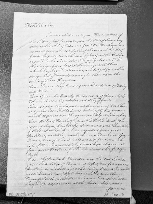 Report on smuggling between Isle of Man and Great Britain, goods imports and duties