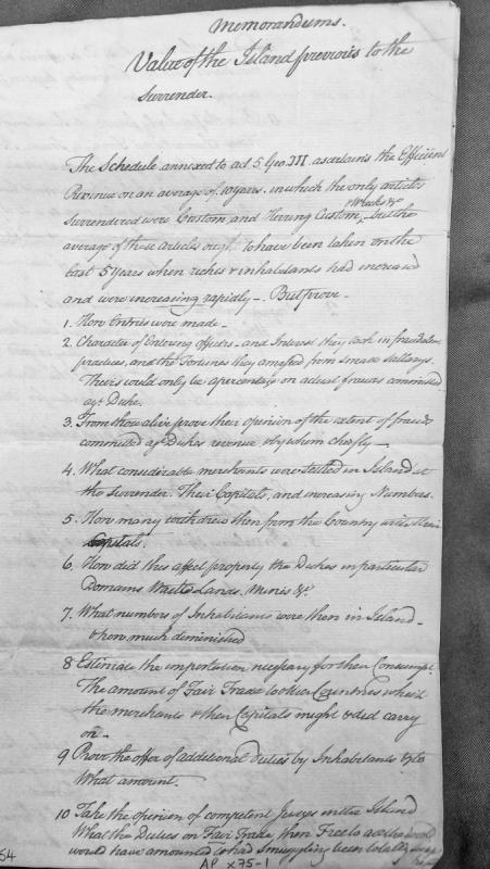 Memorandum on Isle of Man's revenue value prior to Surrender under George III