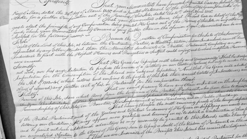 Memorial supporting Duke of Athole's compensation claims against House of Keys objections