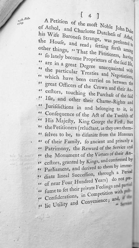 Petition of the Duke and Duchess of Athol regarding Isle of Man proprietorship