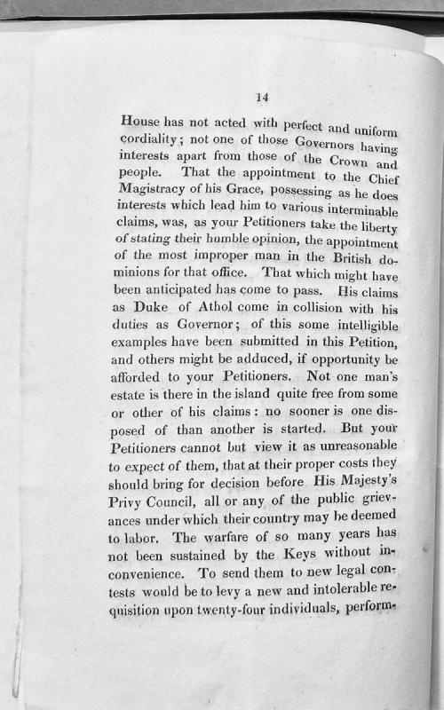 Petition objecting to the appointment of the Duke of Athol as Governor due to conflicting interests