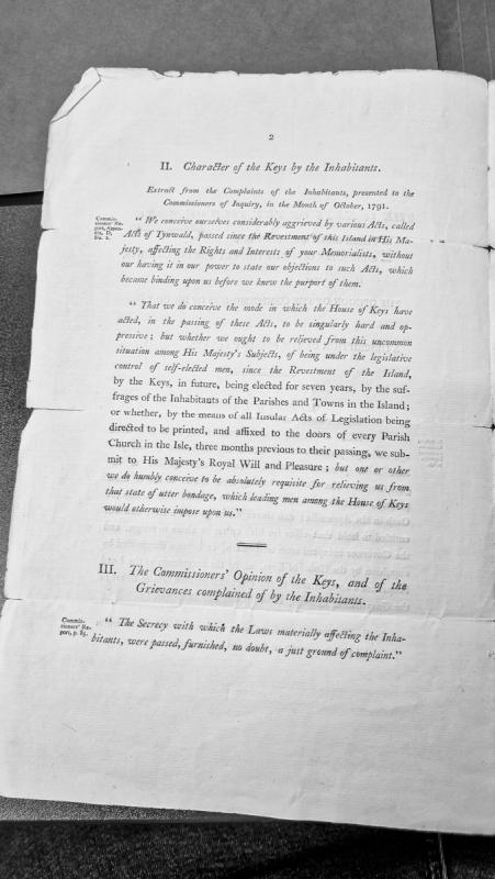 Inhabitants' complaints to Commissioners of Inquiry regarding House of Keys legislation