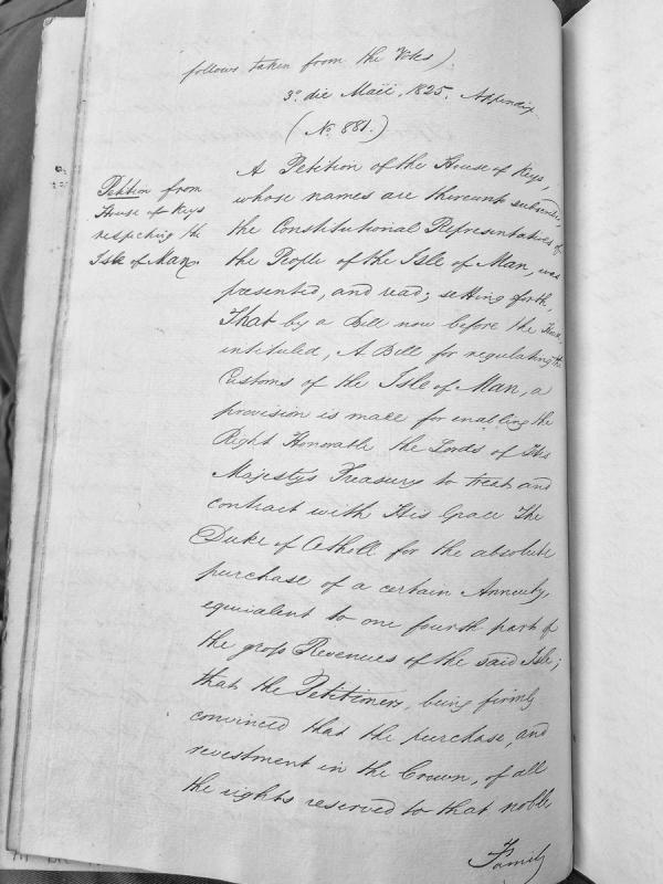 Petition from House of Keys regarding customs regulation and purchase of Duke of Atholl's annuity