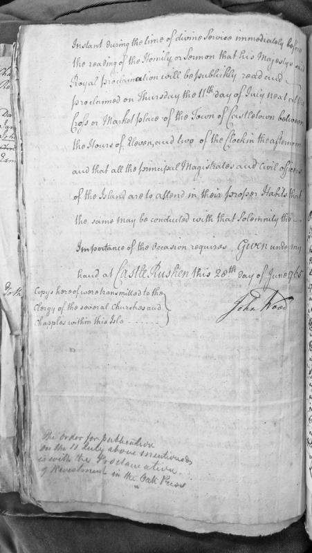 Order for public proclamation of royal proclamation at Castletown, 11 July 1765