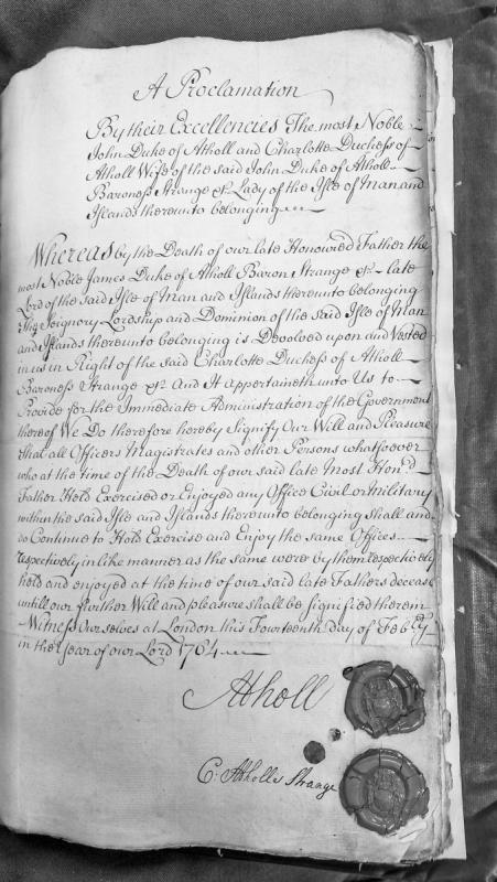 Proclamation by Duke and Duchess of Atholl regarding continuation of Isle of Man offices