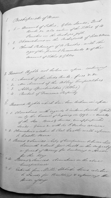 Index to documents concerning Bishoprick of Man, reserved rights, and Church patronage