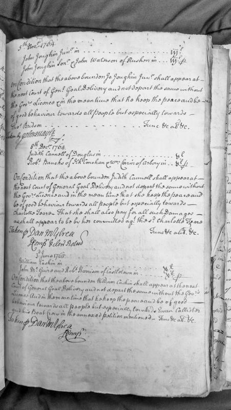 Three recognisance bonds for court appearance and peace-keeping (1764-1765)