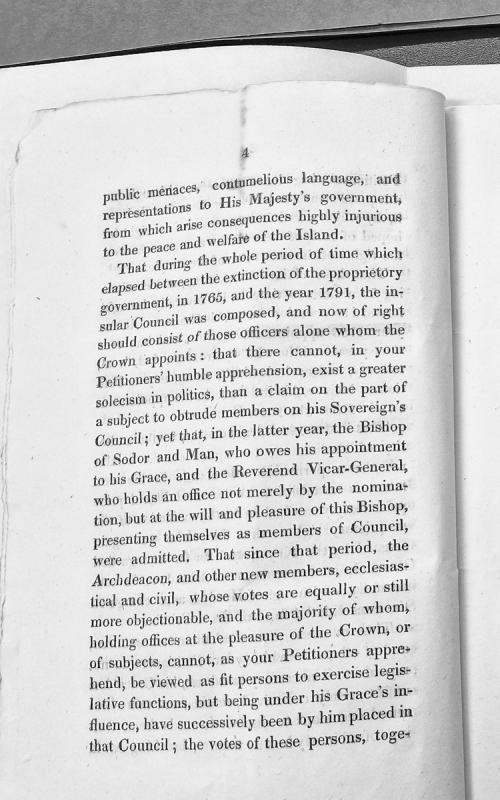 Petition regarding composition of Manx Council and ecclesiastical appointments