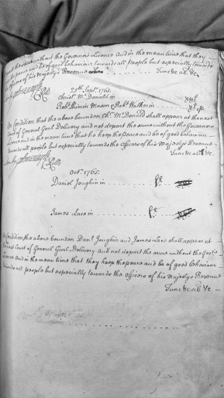 Recognisances for appearance at Court of General Gaol Delivery, 1765