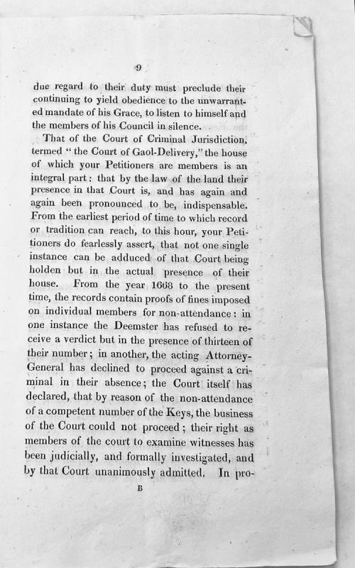 Petition asserting House of Keys' constitutional role in Court of Gaol-Delivery