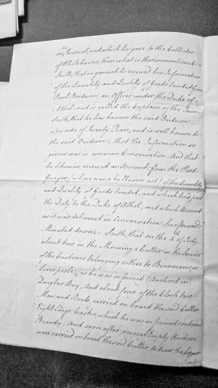 Testimony regarding customs duties, goods landed, and cutter activity in Douglas Bay