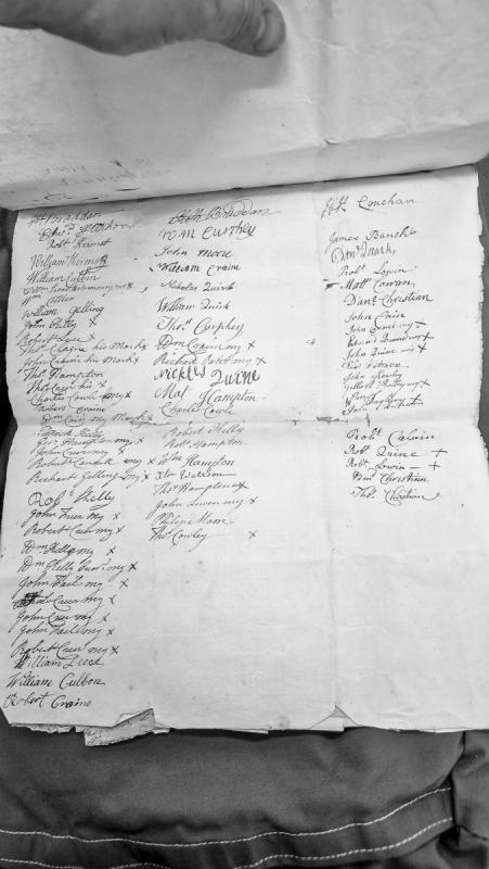 Lists of names from two Kirkby parishes (Braddan and Conchan) with marks and signatures.